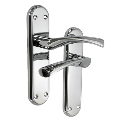 Genova Door Handles Polished Chrome Twist Lever Latch on Modern Marina Backplate
