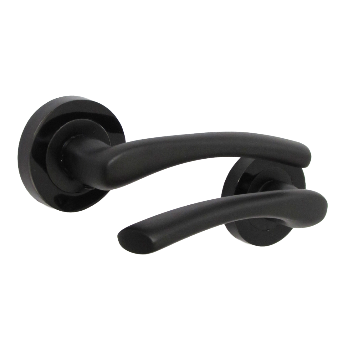 Zena Door Handle Lock Key Set Modern Matt Black Lever on Nickel Rose Internal Escutcheon