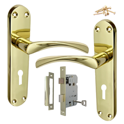 Monja Astrid Door Handles Arched Lever Polished Brass Key Lock Pack