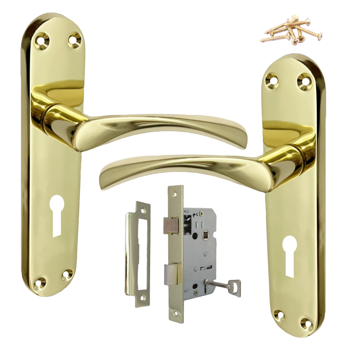 Marketplace JPG companion for Monja Astrid Door Handles Arched Lever Polished Brass Key Lock Pack