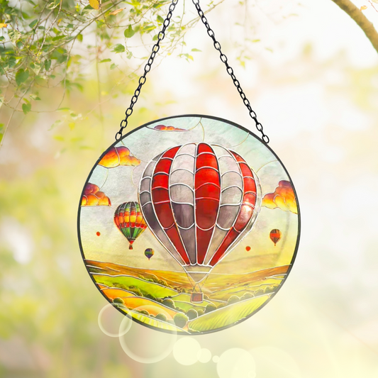 Stained Glass Suncatcher Hot Air Balloon Hanging Round Orbit Garden Decoration