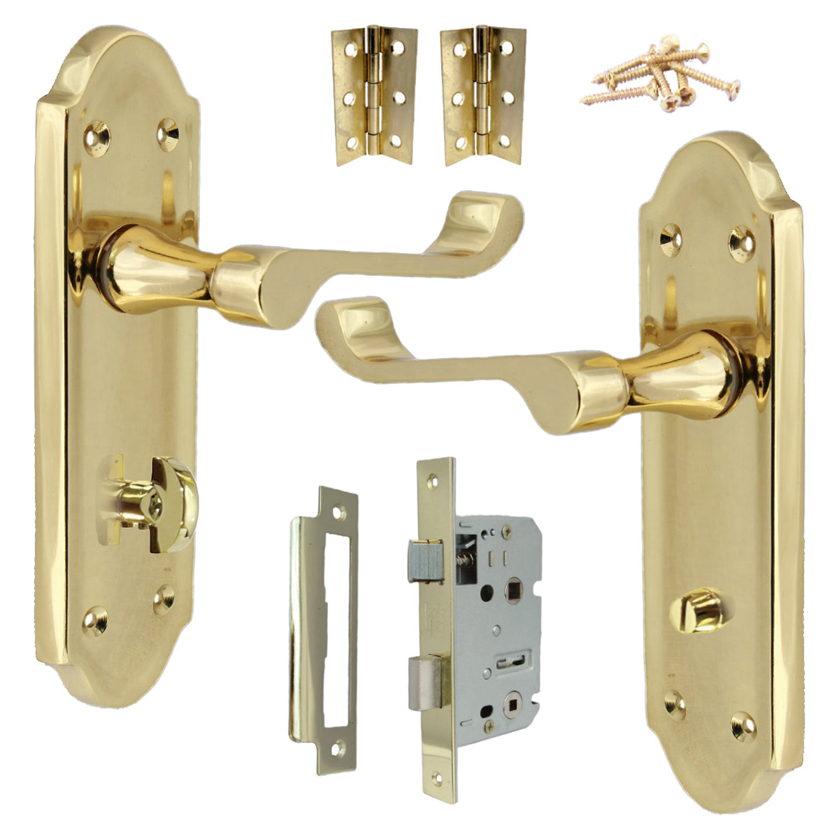 Marketplace JPG companion for Ashford Door Handle Bathroom Lock Scroll Lever - Polished Brass Bath Pack Hinges
