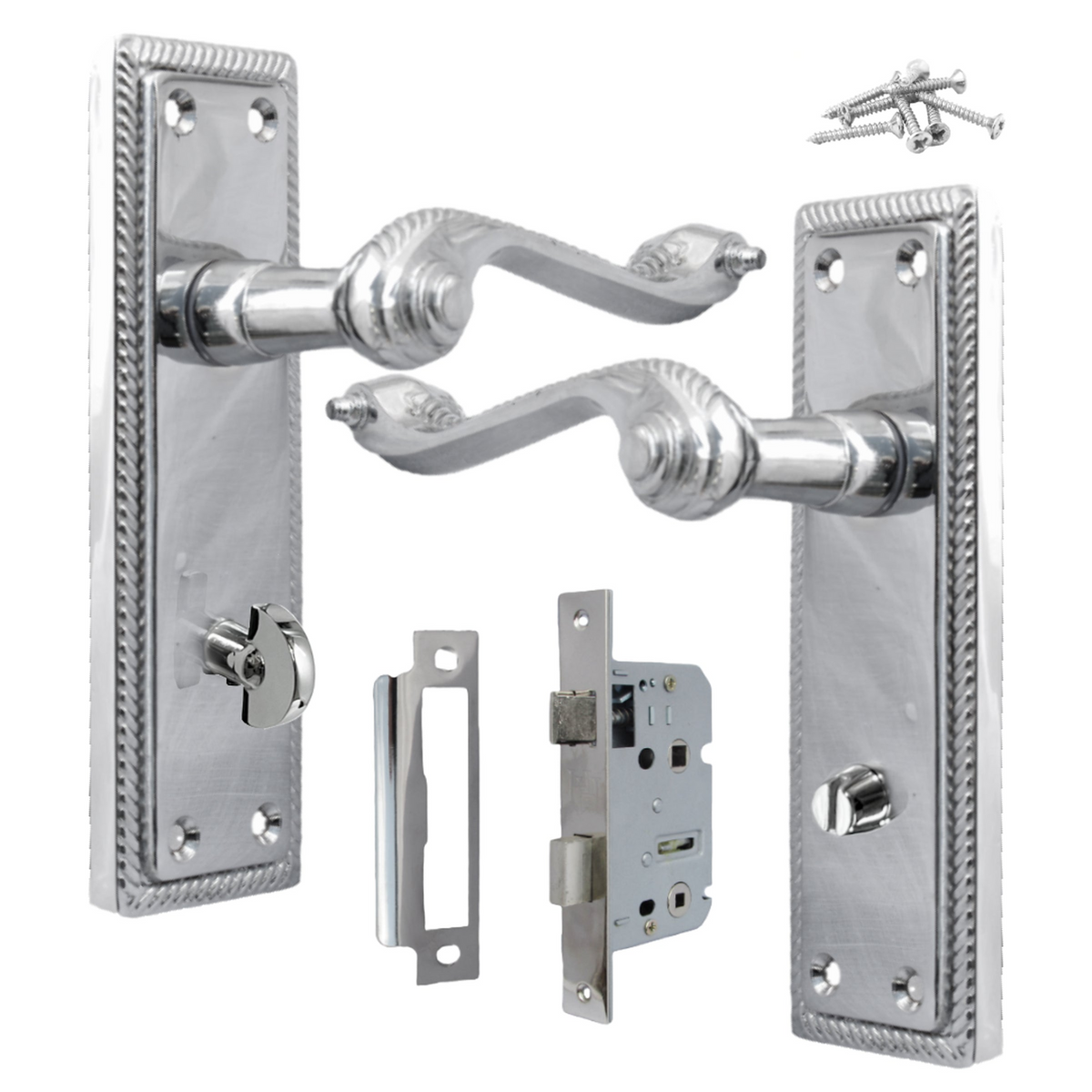 Georgian Door Handle Chrome, Bathroom WC Toilet Handles, Mortice Lock Set