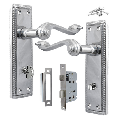 Georgian Door Handle Chrome, Bathroom WC Toilet Handles, Mortice Lock Set