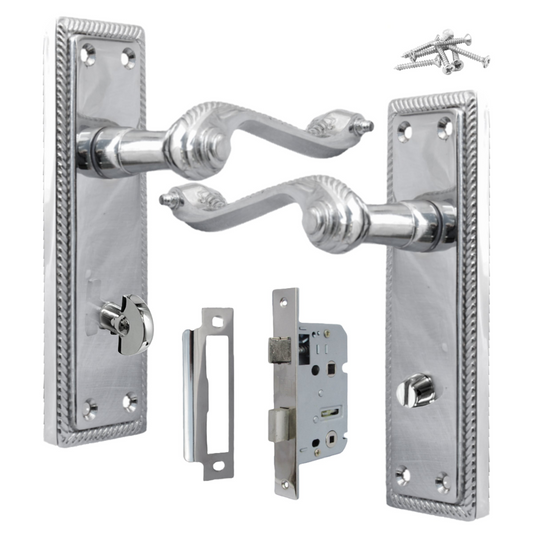 Georgian Door Handle Chrome, Bathroom WC Toilet Handles, Mortice Lock Set
