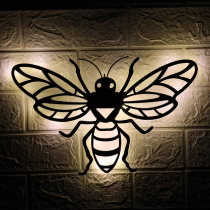 Butterfly and Bee Solar Backlit Wall Art - Outdoor Metal Garden Decor with Lighting