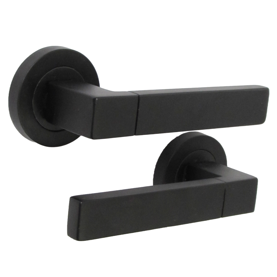 Cafri Line Door Handle Rectangular Matt Black Lever Rose Internal Handles + 64mm Latch & Hinges