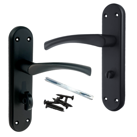 Genova Door Handles Matt Black Twist Lever Bathroom Lock on Modern Marina Backplate