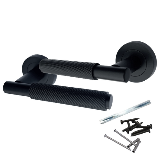 Knurled Turning Door Handles Matt Black Lever on Round Rose Latch Handle Luxe