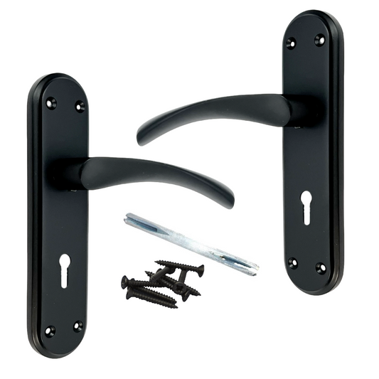 Genova Door Handles Matt Black Twist Lever Lock on Modern Marina Backplate