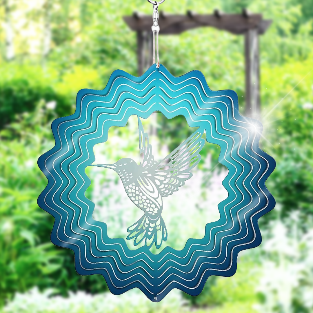 Blue Hummingbird Stainless Steel Hanging Wind Spinner 34cm x 25cm 3D Kinetic Metal Wind Sculpture