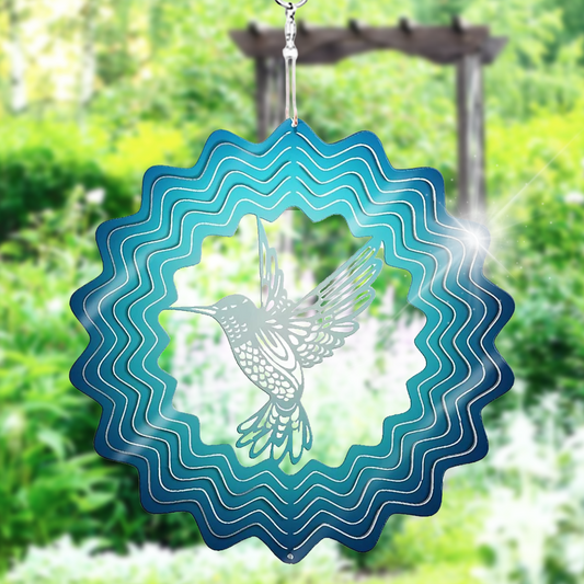 Blue Hummingbird Stainless Steel Hanging Wind Spinner 34cm x 25cm 3D Kinetic Metal Wind Sculpture