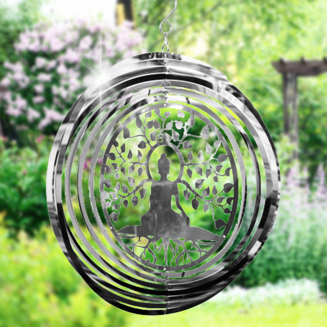 Spiritual Silhouette Orbit Spinner - Stainless Steel Buddha Wind Spinner, Tree Hanger Garden Ornament, Meditation and Yoga
