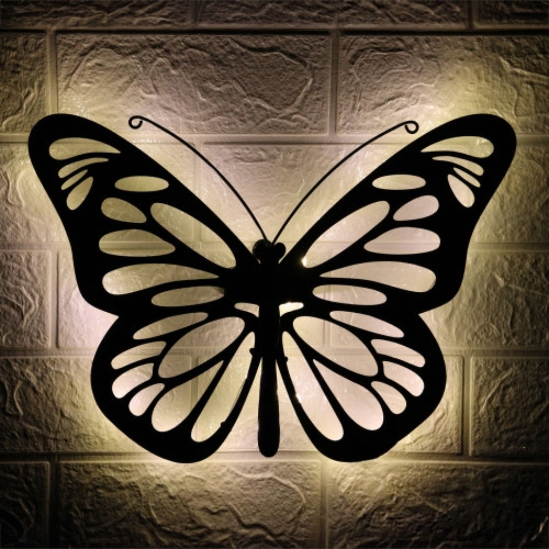 Butterfly and Bee Solar Backlit Wall Art - Outdoor Metal Garden Decor with Lighting
