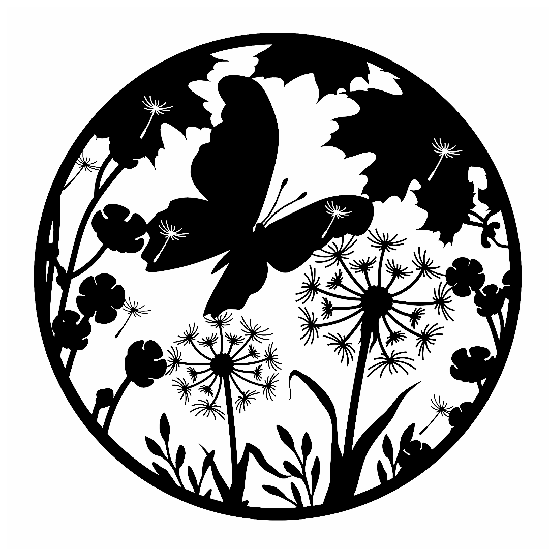 Décoration murale en métal avec silhouette de pissenlit et papillon rétroéclairée à l'énergie solaire – Décoration de jardin extérieure