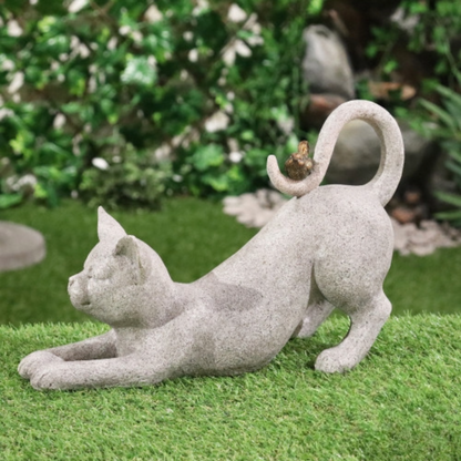 Resin Cat Sculpture with Bird - Stone Effect Cute Kitten Animal Sculpture for Indoors/Outdoor Garden Decoration
