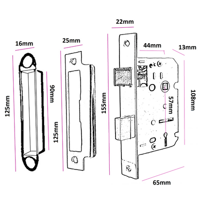 Bathroom Mortice Lock Nickel Sashlock 2.5" 64mm Bolt Through Reversible Bath Door