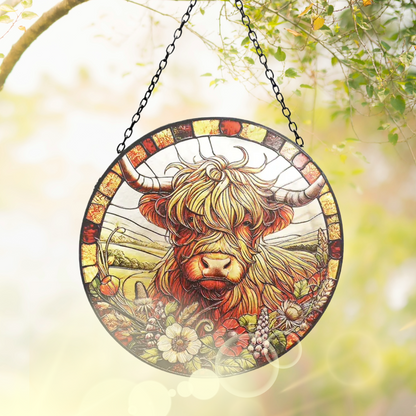 Stained Glass Suncatcher Highland Cow Hanging Round Orbit Garden Decoration