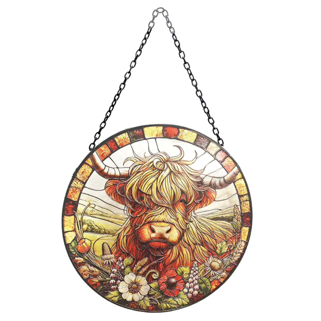 Stained Glass Suncatcher Highland Cow Hanging Round Orbit Garden Decoration