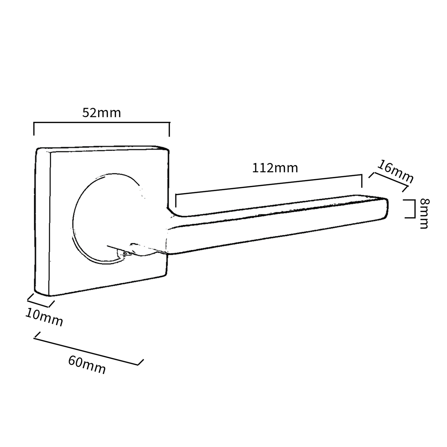 Poignée de porte UNO en nickel satiné, levier moderne sur rosace carrée, poignées intérieures + loquet et charnières de 64 mm