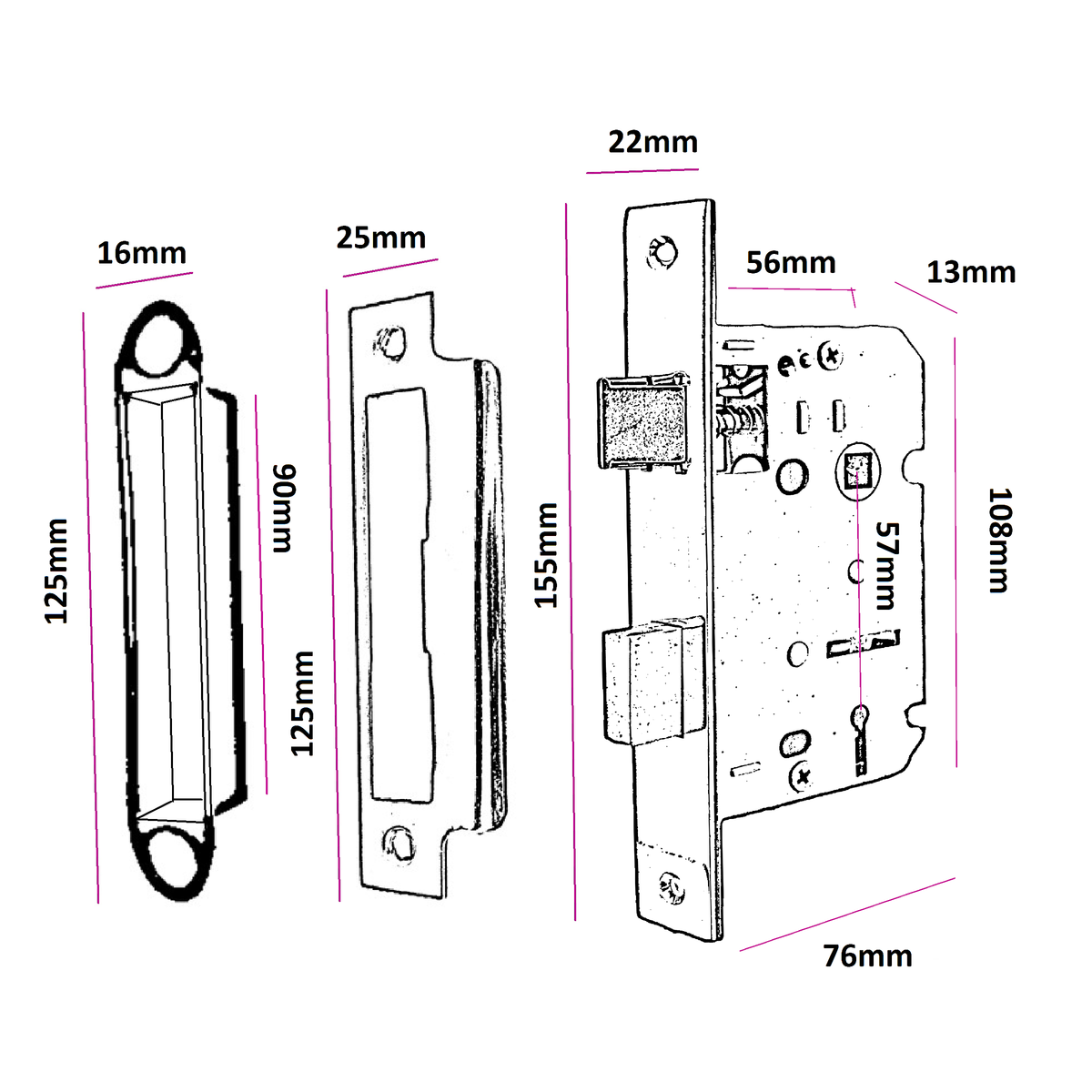 3 Lever Mortice Sash Lock with Key 2.5" 3" Bolt Through Reversable