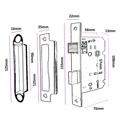 3 Lever Mortice Sash Lock with Key 2.5" 3" Bolt Through Reversable