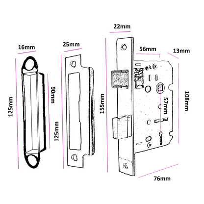 3 Lever Mortice Nickel Sash Lock Key 3" 76mm Bolt Through Reversible Bathroom Handle Locks