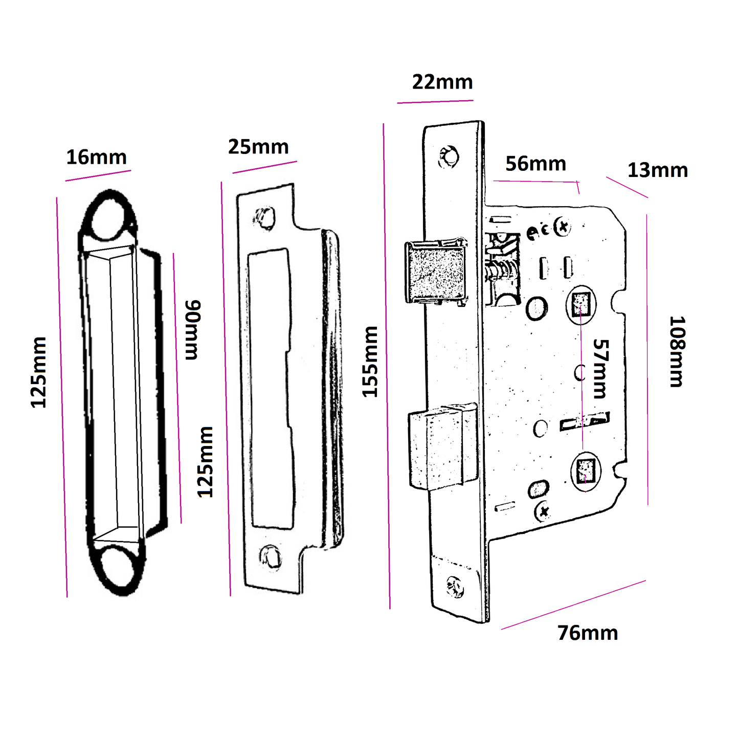 Bathroom Mortice Lock Nickel Sashlock 3" 76mm Bolt Through Reversible Bath Door