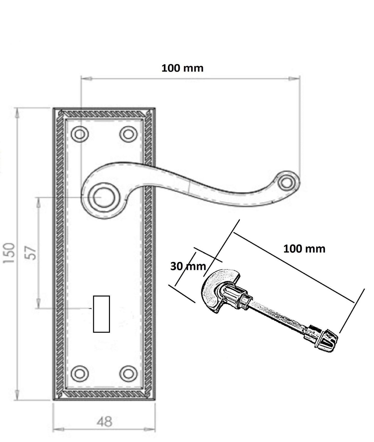 Poignées de porte à levier style géorgien pour salle de bain, avec bord torsadé - Laiton 150 mm x 50 mm