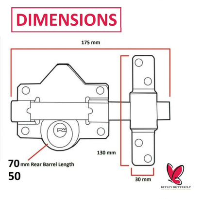 SECURITY 50 /70mm DOUBLE Long Throw Bolt Gate Lock Garage Shed 5 Keys AND HANDLE