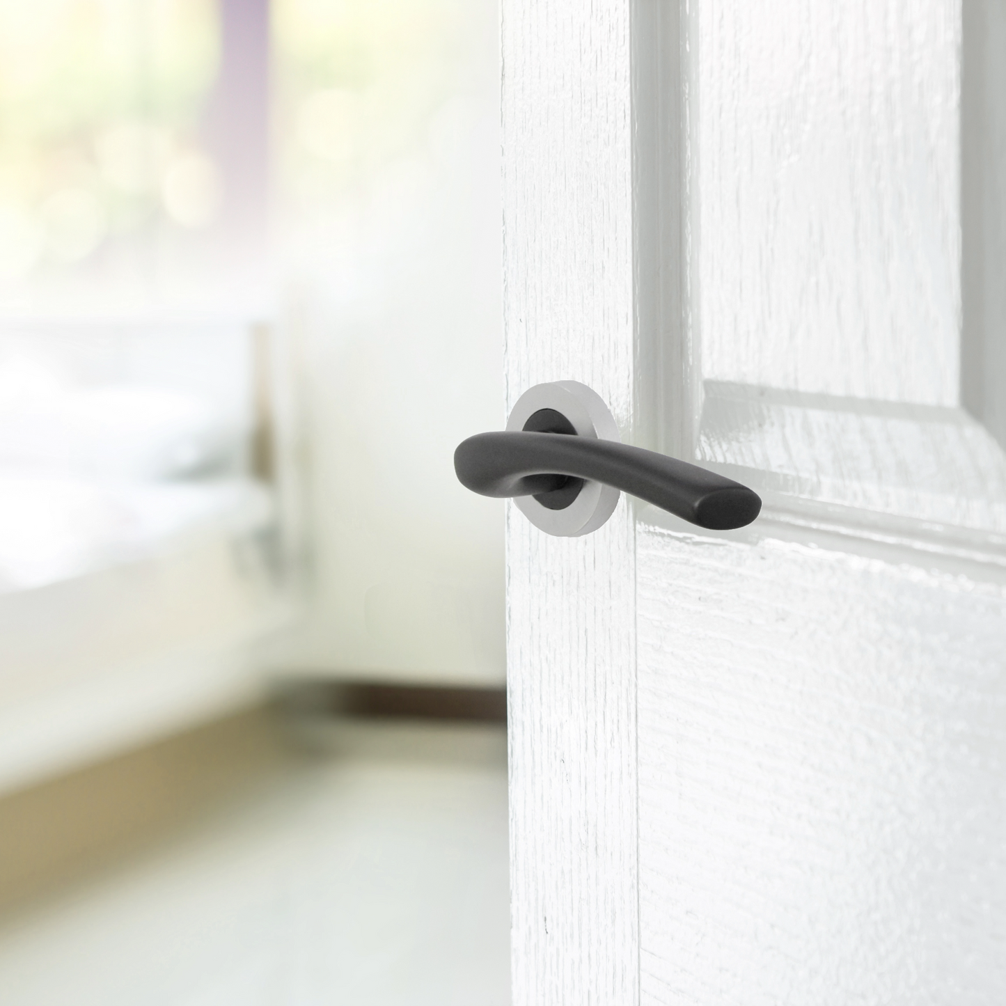 Zena Door Handle Modern Matt Black Lever on Satin Chrome Rose Internal Latch Handles