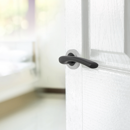Zena Door Handle Modern Matt Black Lever on Satin Chrome Rose Internal Latch Handles