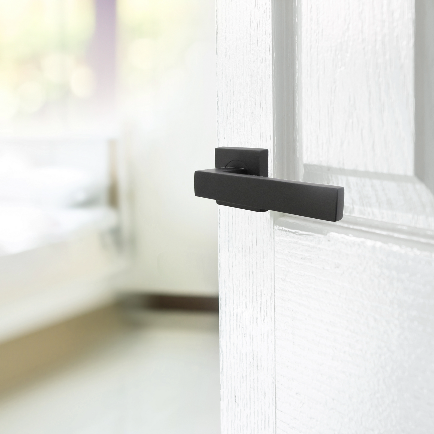 Cafri Door Handle Matt Black Rectangular Lever on Square Rose Internal + 64mm Latch