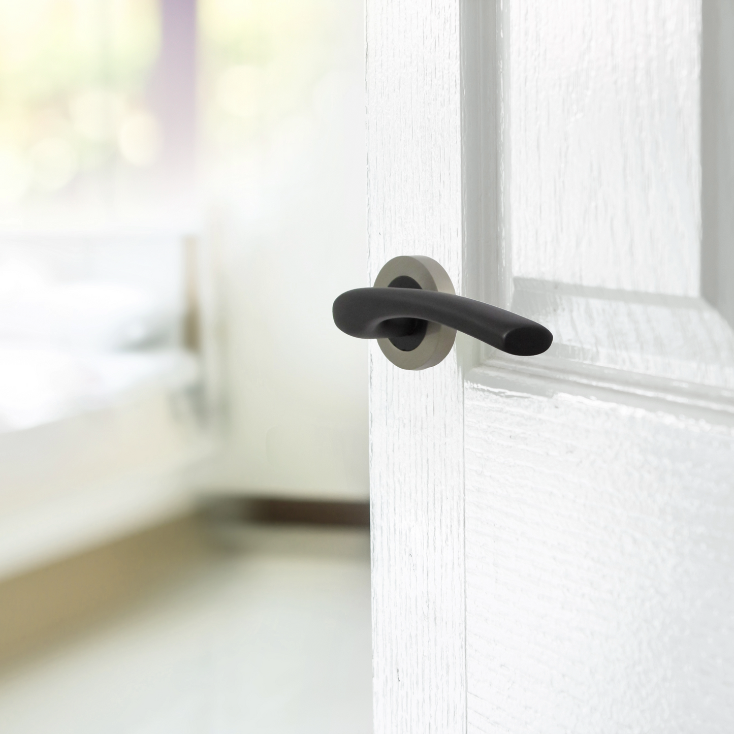 Zena Door Handle Modern Design Matt Black Lever on Satin Rose Internal + Latch