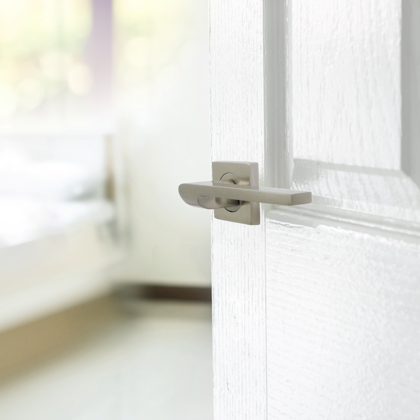 Poignée de porte UNO-2 en nickel satiné, levier moderne sur rosace carrée, poignées à loquet internes