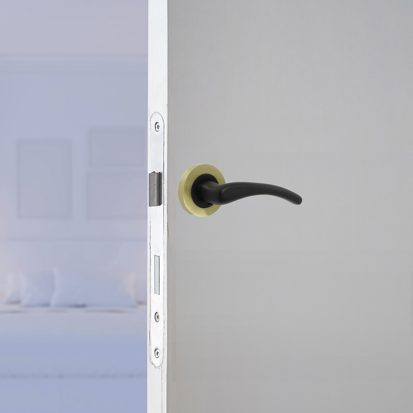 Zena Door Handle Modern Matt Black Lever on Satin Brass Rose Internal + Latch