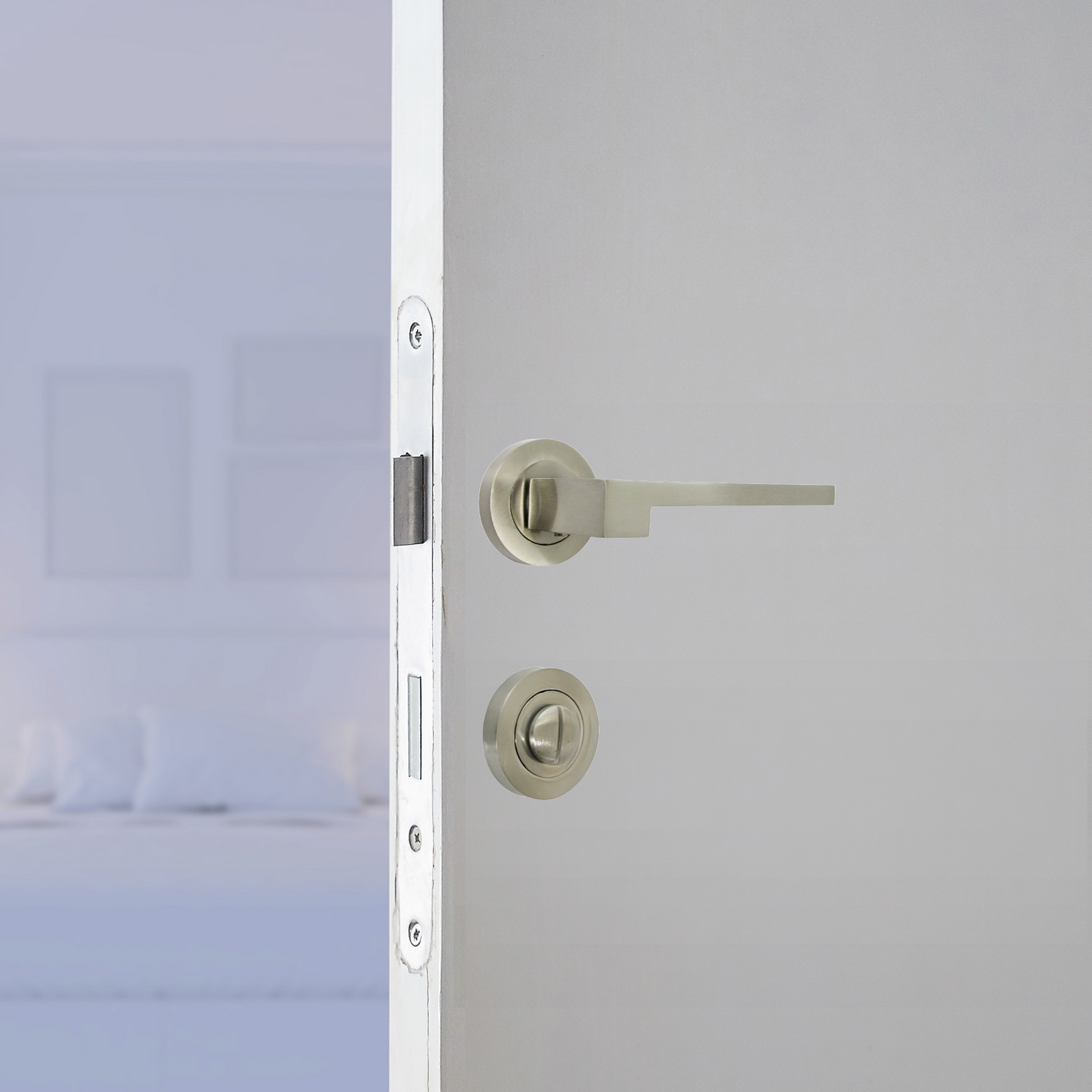 Poignée de porte de salle de bain UNO-3, ensemble moderne en nickel satiné, levier sur rosace, bouton-poussoir interne