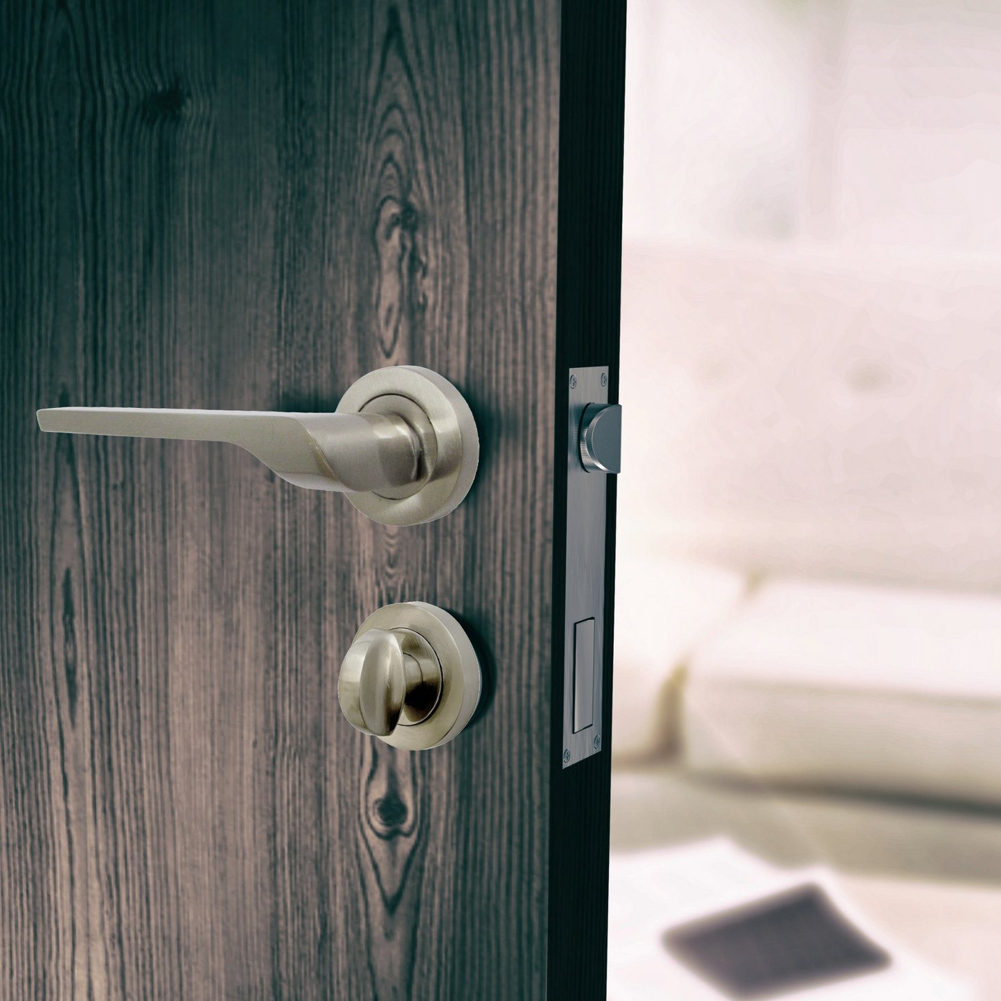 UNO-2 Door Handle Bathroom Set Modern Satin Nickel Lever on Rose Internal Thumbturn Pack