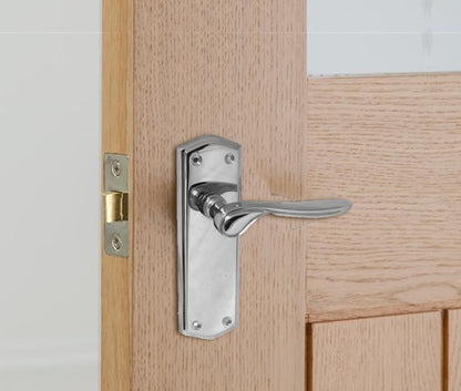 Door Handles CHROME Stellar Latch Set Shaped Backplate with Tubular Latch