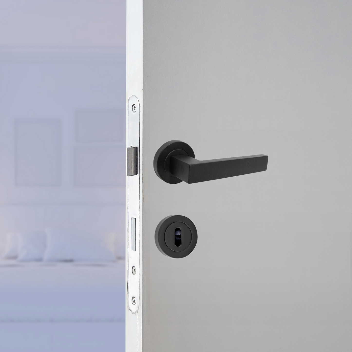 Cafri Door Handle Lock Key Set Modern Matt Black Lever on Rose Internal Escutcheon Pack