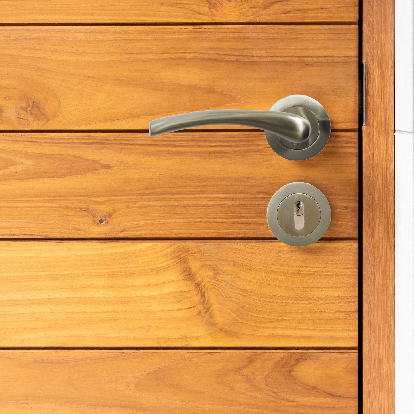 Zena Door Handle Lock Key Set Modern Satin Nickel Lever on Rose Internal Escutcheon