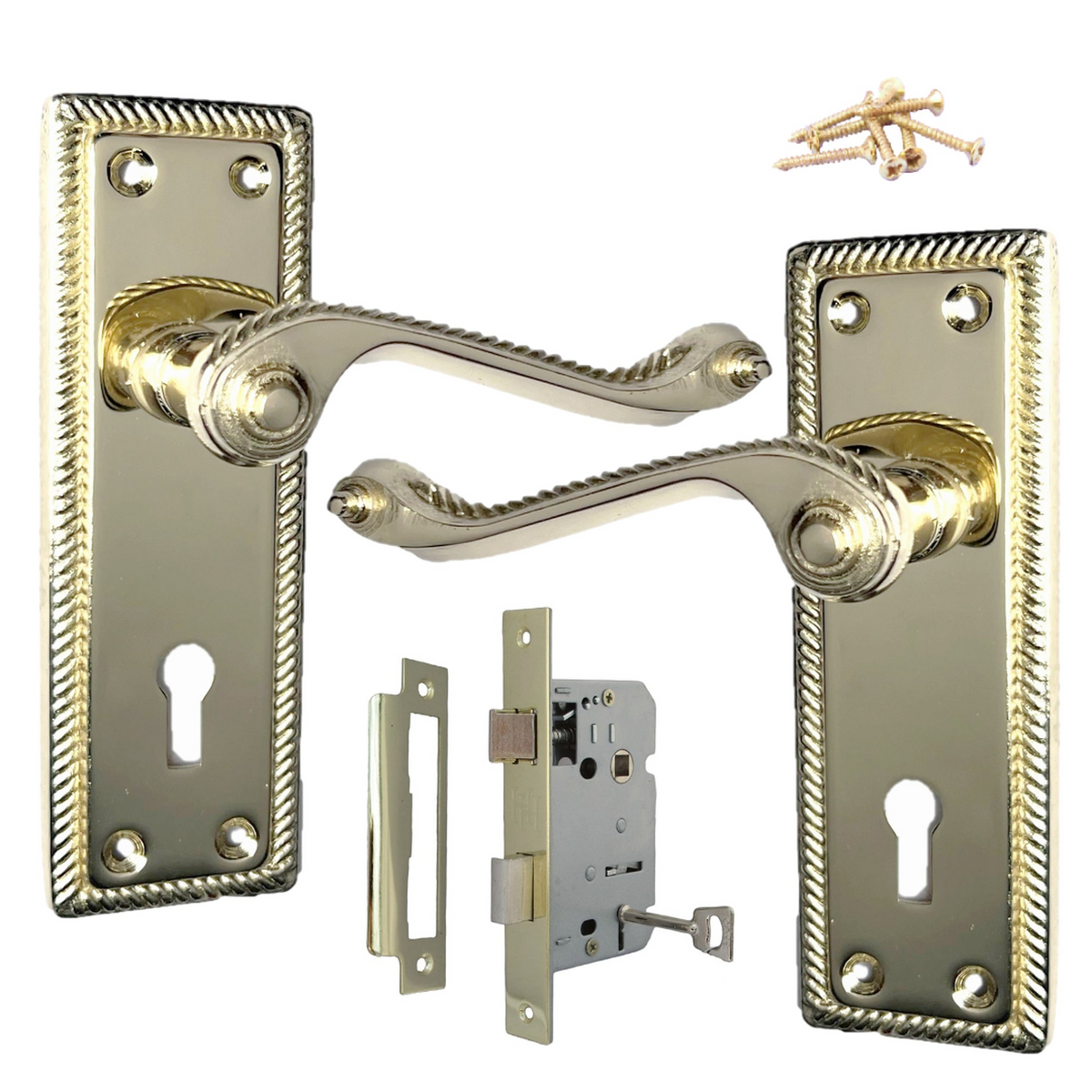 Georgian Roped Door Handle Brass, Lock Door Handles Lever Lock Set