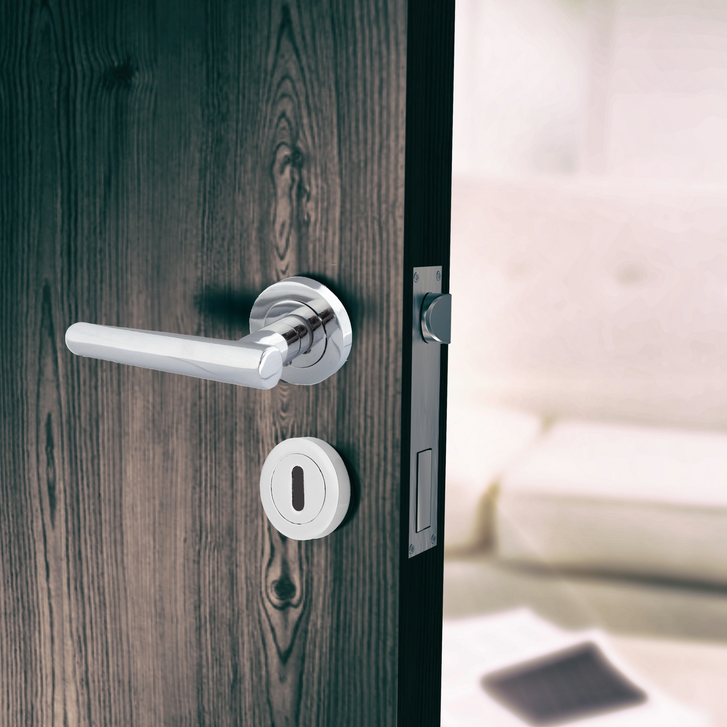 Poignées de porte à levier droit en T avec rosace et serrure - Chrome