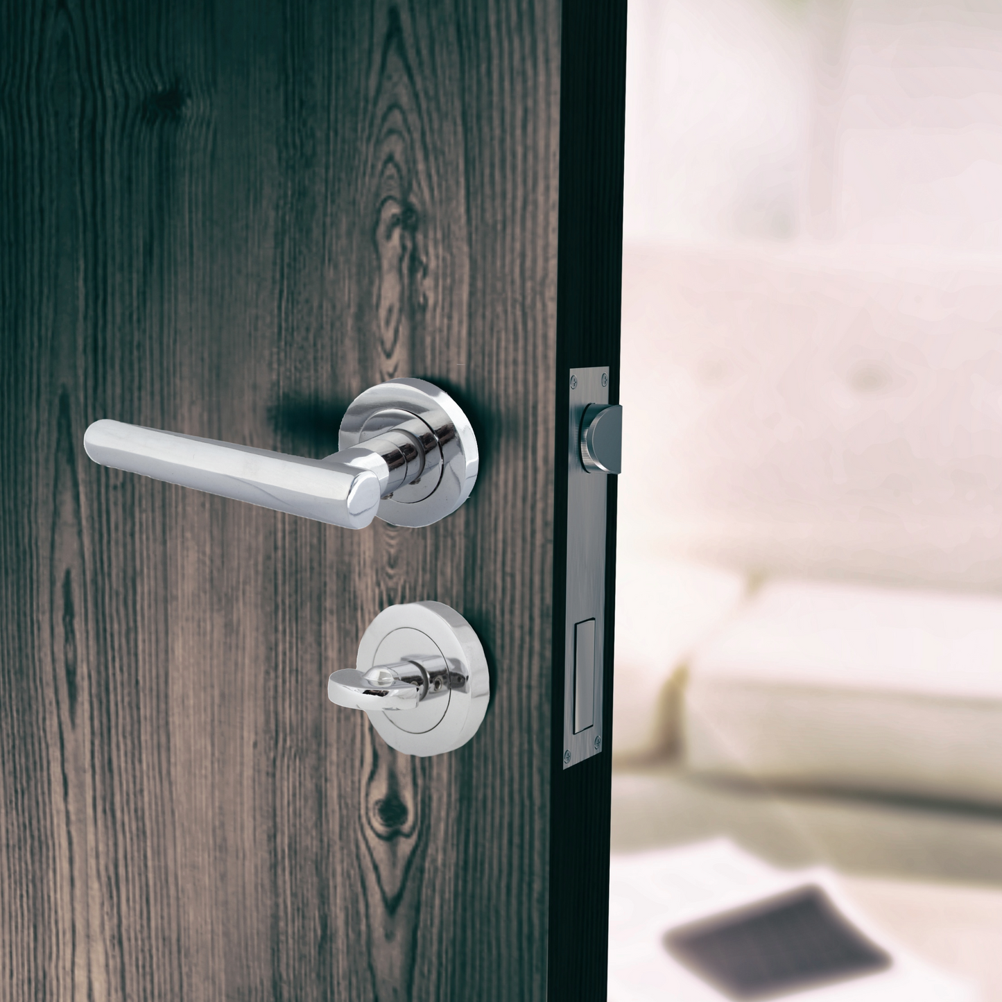 Door Handles T Bar Straight Lever on Rose Bathroom Thumb turn & Lock - Chrome