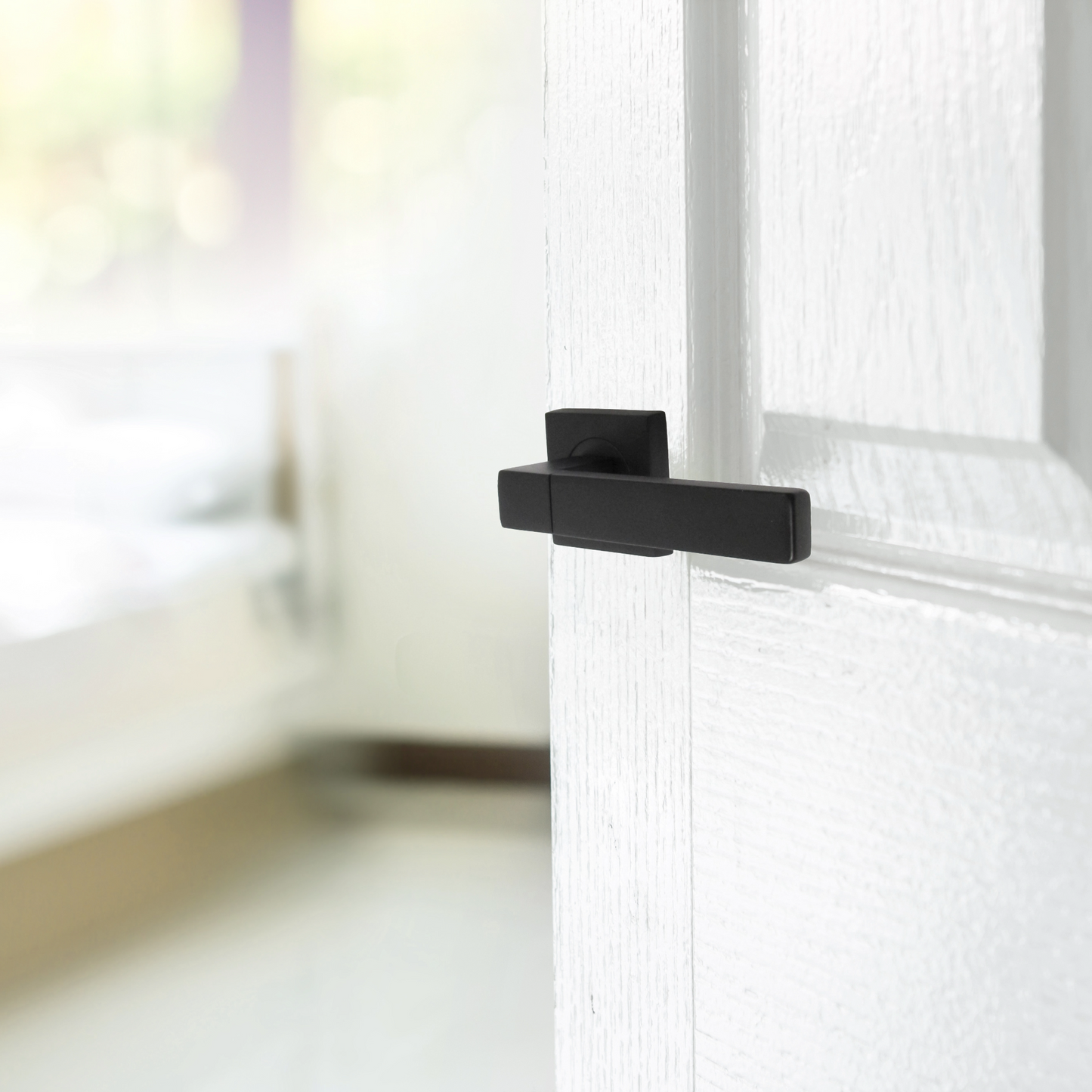 Cafri Line Door Handle Matt Black Lever on Square Rose Internal Wooden Handles + 64mm Latch