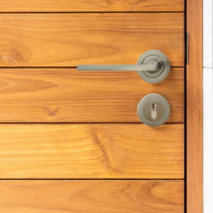 Marketplace JPG companion for UNO Door Handle Lock Key Set Modern Satin Nickel Lever on Rose, Escutcheon Pack with 3" Hinges