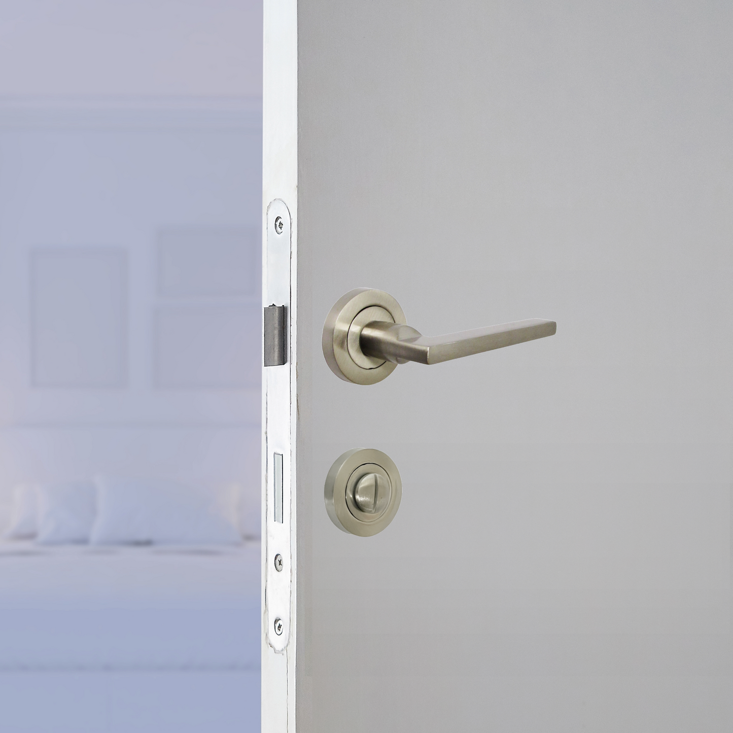Ensemble de poignées de porte de salle de bain UNO, levier moderne en nickel satiné sur rosace, paquet de boutons-poussoirs internes