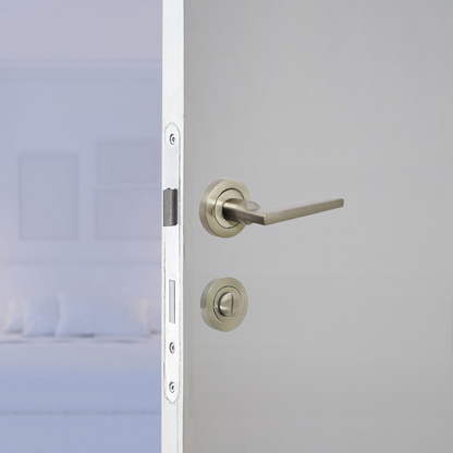 Ensemble de poignées de porte de salle de bain UNO, levier moderne en nickel satiné sur rosace, paquet de boutons-poussoirs internes