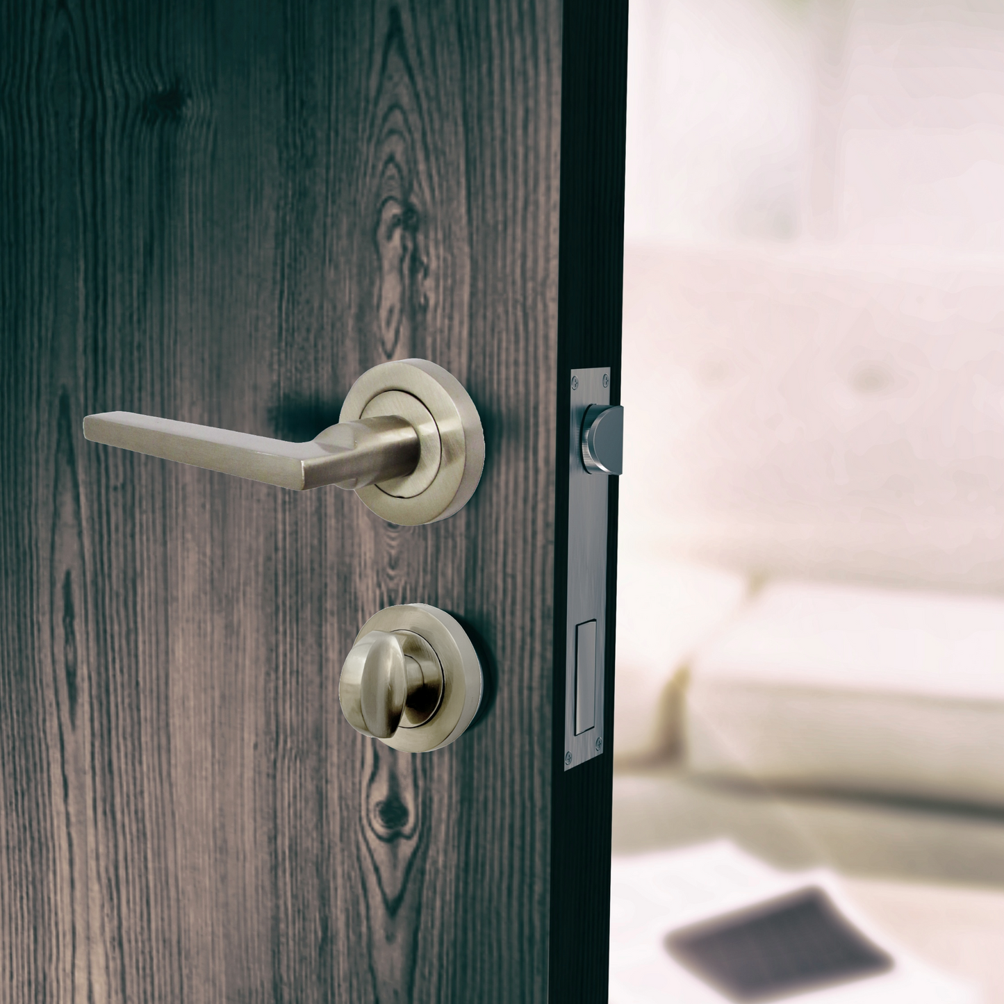 Ensemble de poignées de porte de salle de bain UNO, levier moderne en nickel satiné sur rosace, paquet de boutons-poussoirs internes