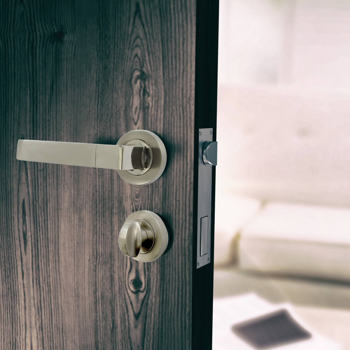 Cafri Line Door Handle Bathroom Set Satin Nickel Lever on Rose Internal Thumbturn Pack
